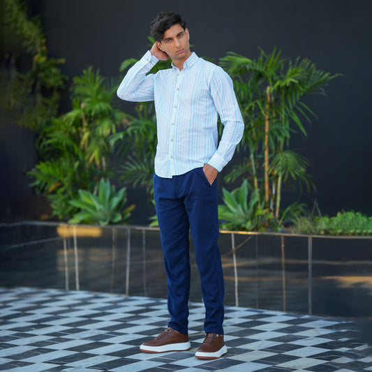 Chemise CLEEVER en lin rayée bleu ciel