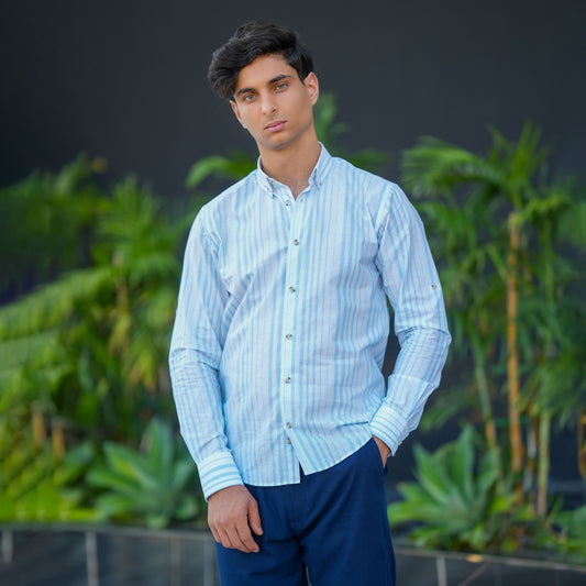 Chemise CLEEVER en lin rayée bleu ciel
